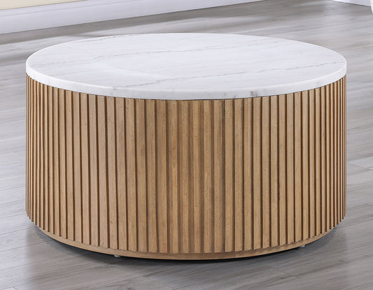 Colvin, 36″ Round White Marble Top Cocktail Table, Castered, Toffee
