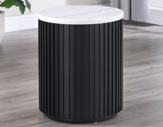 Colvin, 18″ Round White Marble Top End Table, Black