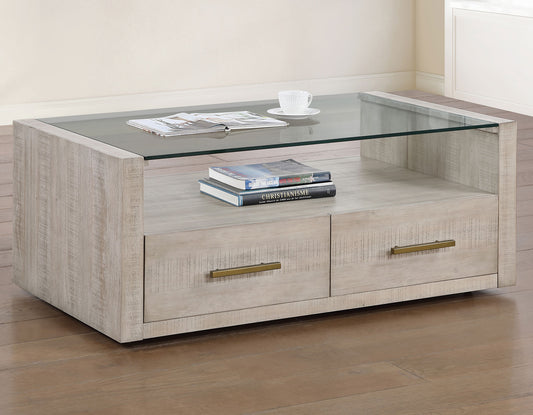 Garland, Cocktail Table, Glass Top, Castered, Washed Parchment Finish