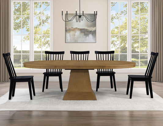 Vaughn 5-Piece 60-96″ w/2-18 Leaves Dining Set, Driftwood & Black Finish
