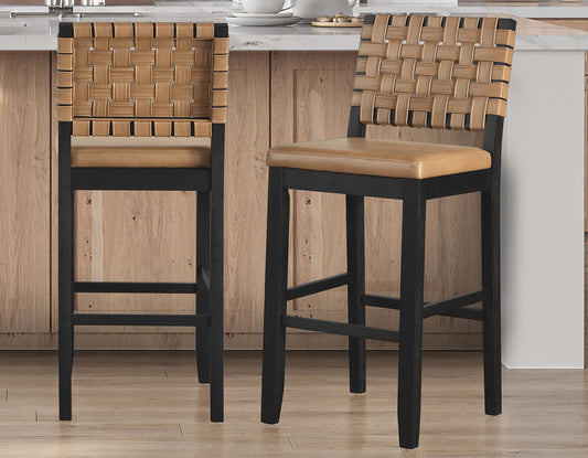 Reid Saddle Brown Vegan Leather 30″ Bar Stool, Black Finish