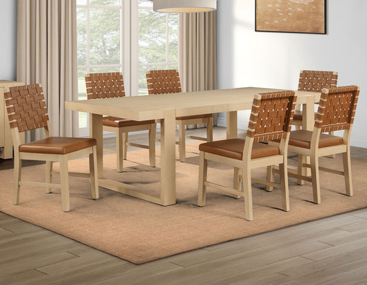 Reid 5-Piece 77-95″ Dining Set, Sand Finish with Camel Vegan Leather
