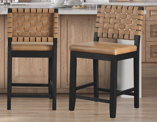 Reid Saddle Brown Camel Vegan Leather 24″ Counter Chair, Black Finish