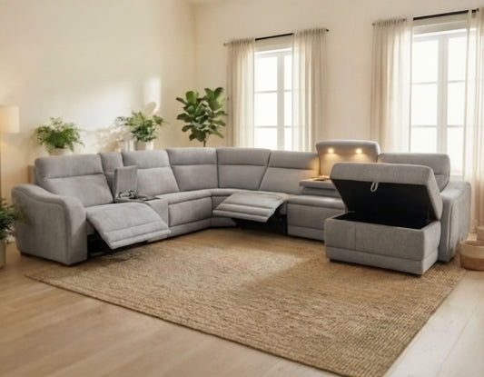 Conroe Dual-Power 7-Piece Reclining Sectional with Chaise, Gray