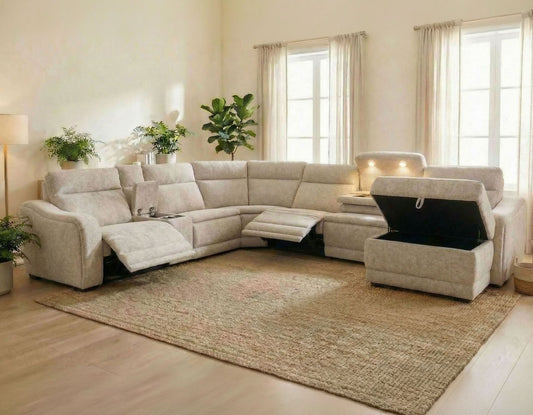 Conroe Dual-Power 7-Piece Reclining Sectional with Chaise, Cobblestone
