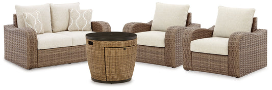 Malayah Outdoor Loveseat and 2 Lounge Chairs with Fire Pit Table Smyrna Furniture Outlet