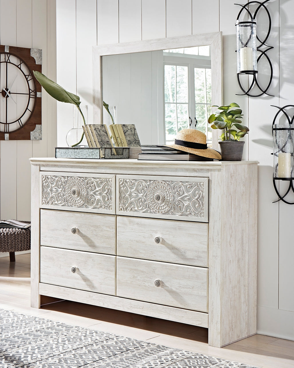Paxberry Queen Panel Bed with Mirrored Dresser and Chest Smyrna Furniture Outlet
