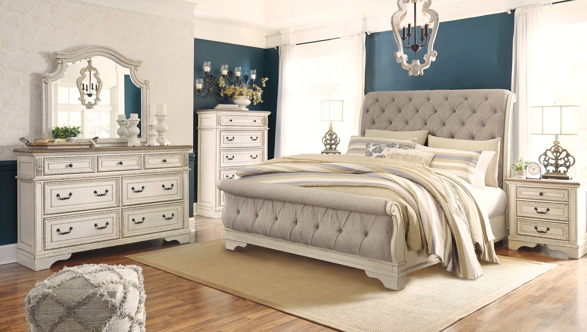 Realyn California King Sleigh Bed with Mirrored Dresser, Chest and 2 Nightstands Smyrna Furniture Outlet