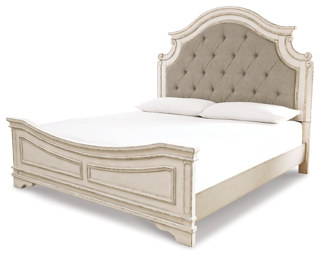 Realyn California King Upholstered Panel Bed with Mirrored Dresser Smyrna Furniture Outlet