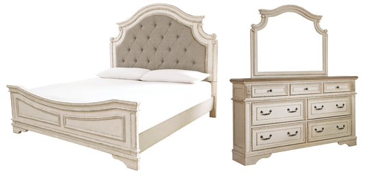 Realyn California King Upholstered Panel Bed with Mirrored Dresser Smyrna Furniture Outlet