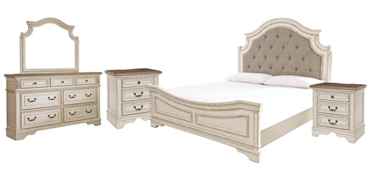 Realyn California King Upholstered Panel Bed with Mirrored Dresser and 2 Nightstands Smyrna Furniture Outlet