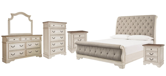 Realyn Queen Sleigh Bed with Mirrored Dresser, Chest and 2 Nightstands Smyrna Furniture Outlet