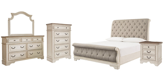 Realyn Queen Sleigh Bed with Mirrored Dresser, Chest and Nightstand Smyrna Furniture Outlet