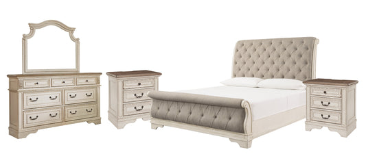 Realyn Queen Sleigh Bed with Mirrored Dresser and 2 Nightstands Smyrna Furniture Outlet