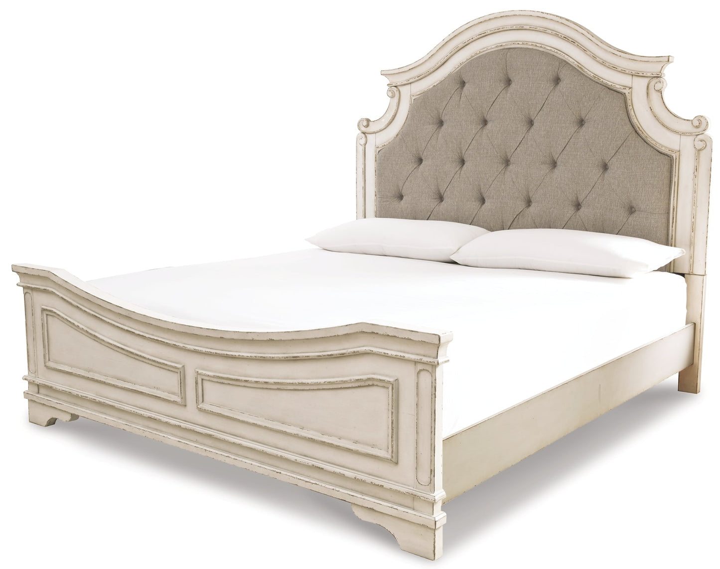 Realyn Queen Upholstered Panel Bed with Mirrored Dresser, Chest and 2 Nightstands Smyrna Furniture Outlet