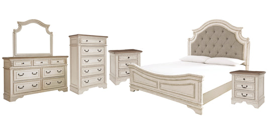Realyn Queen Upholstered Panel Bed with Mirrored Dresser, Chest and 2 Nightstands Smyrna Furniture Outlet