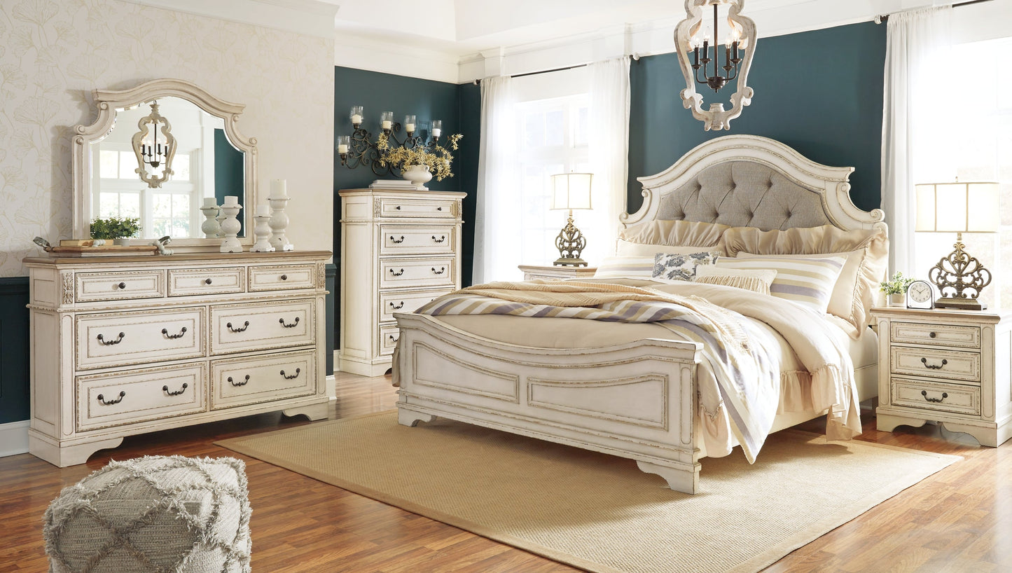 Realyn Queen Upholstered Panel Bed with Mirrored Dresser, Chest and Nightstand Smyrna Furniture Outlet