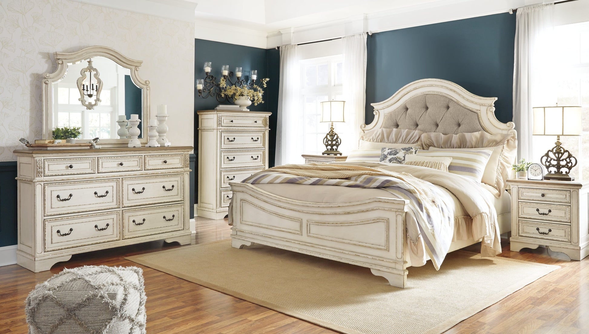 Realyn Queen Upholstered Panel Bed with Mirrored Dresser, Chest and Nightstand Smyrna Furniture Outlet