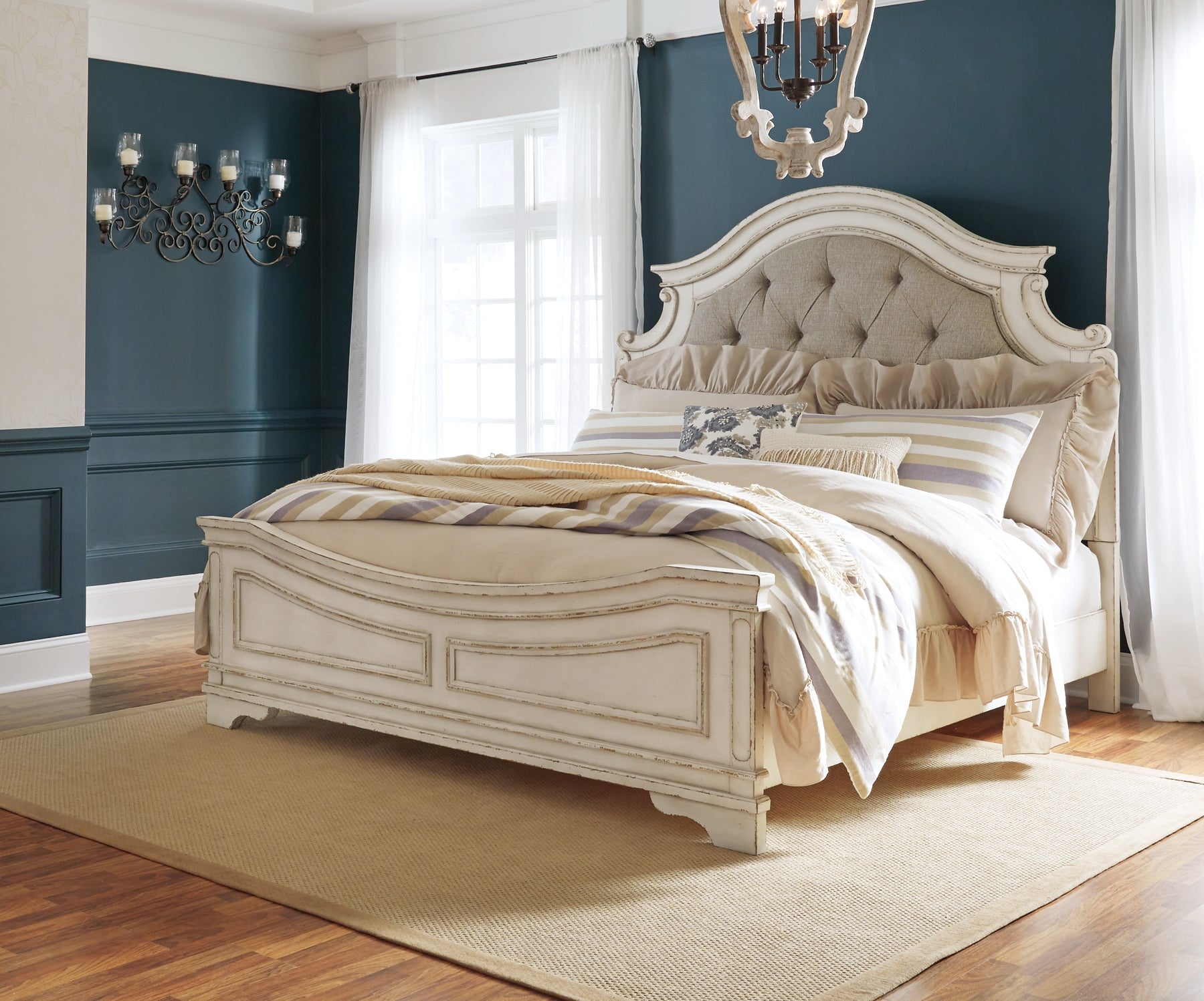 Realyn Queen Upholstered Panel Bed with Mirrored Dresser and 2 Nightstands Smyrna Furniture Outlet