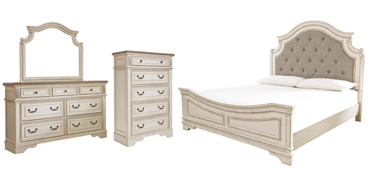 Realyn Queen Upholstered Panel Bed with Mirrored Dresser and Chest Smyrna Furniture Outlet
