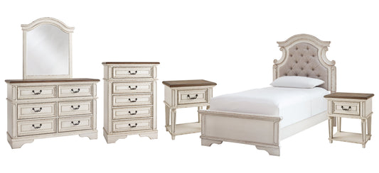 Realyn Twin Panel Bed with Mirrored Dresser, Chest and 2 Nightstands Smyrna Furniture Outlet