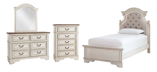 Realyn Twin Panel Bed with Mirrored Dresser and Chest Smyrna Furniture Outlet