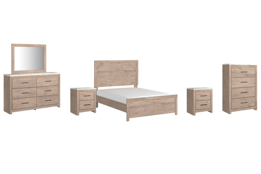 Senniberg Full Panel Bed with Mirrored Dresser, Chest and 2 Nightstands Smyrna Furniture Outlet