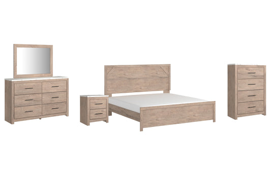 Senniberg King Panel Bed with Mirrored Dresser, Chest and Nightstand Smyrna Furniture Outlet