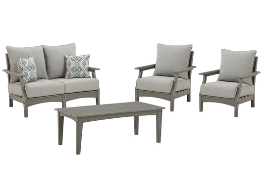 Visola Outdoor Loveseat and 2 Lounge Chairs with Coffee Table Smyrna Furniture Outlet