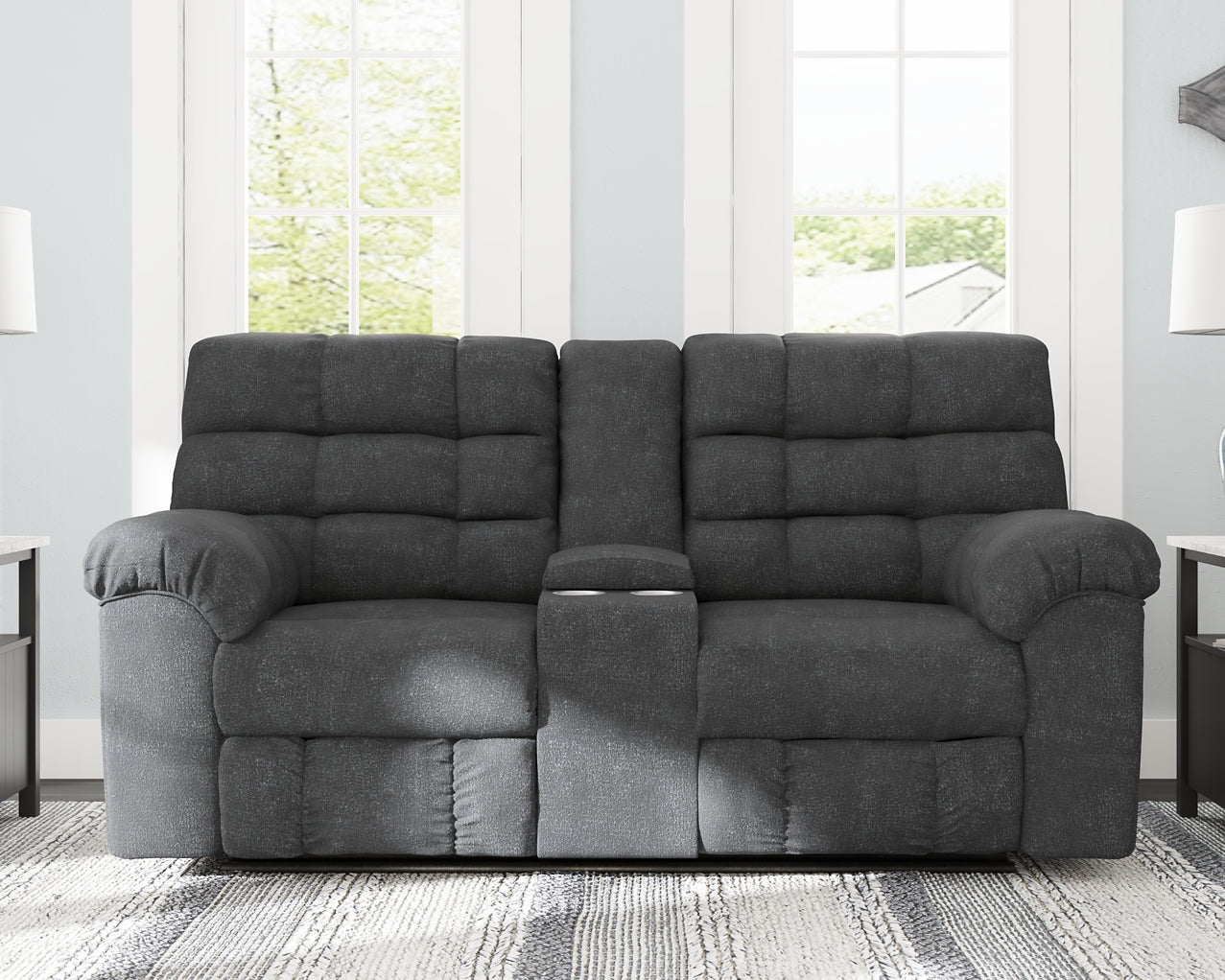 Wilhurst Double Rec Loveseat w/Console Smyrna Furniture Outlet