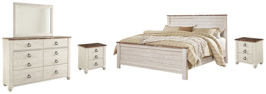 Willowton California King Panel Bed with Mirrored Dresser and 2 Nightstands Smyrna Furniture Outlet