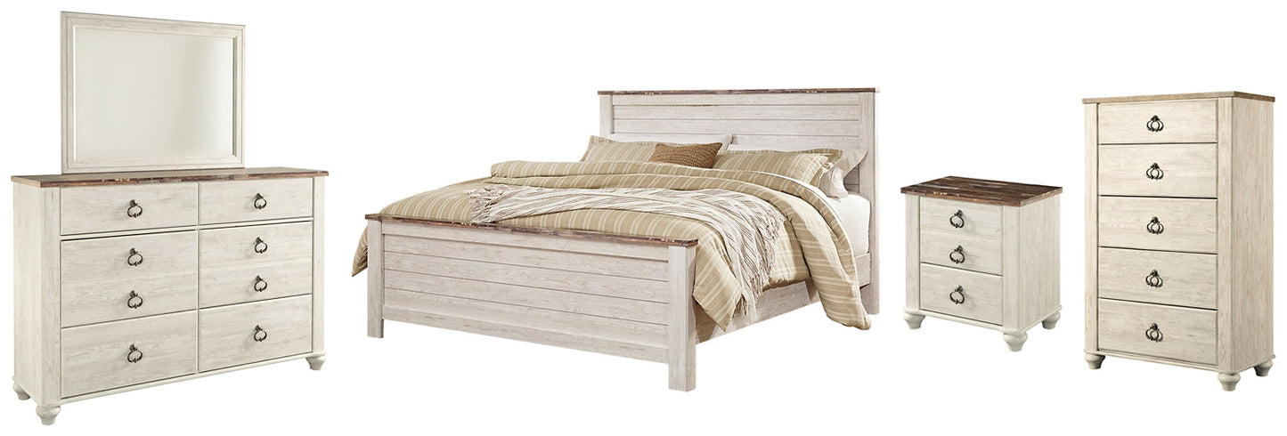 Willowton Queen Panel Bed with Mirrored Dresser, Chest and Nightstand Smyrna Furniture Outlet