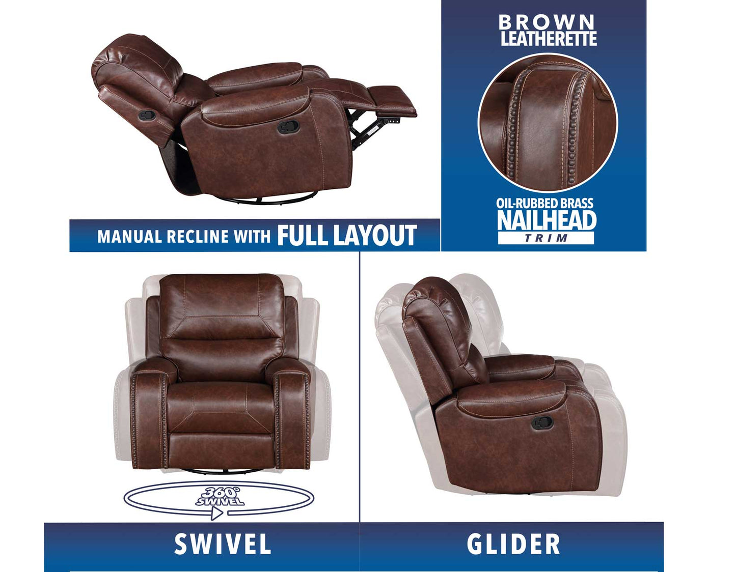 Keily Recliner, Manual Swivel, Glider, Brown