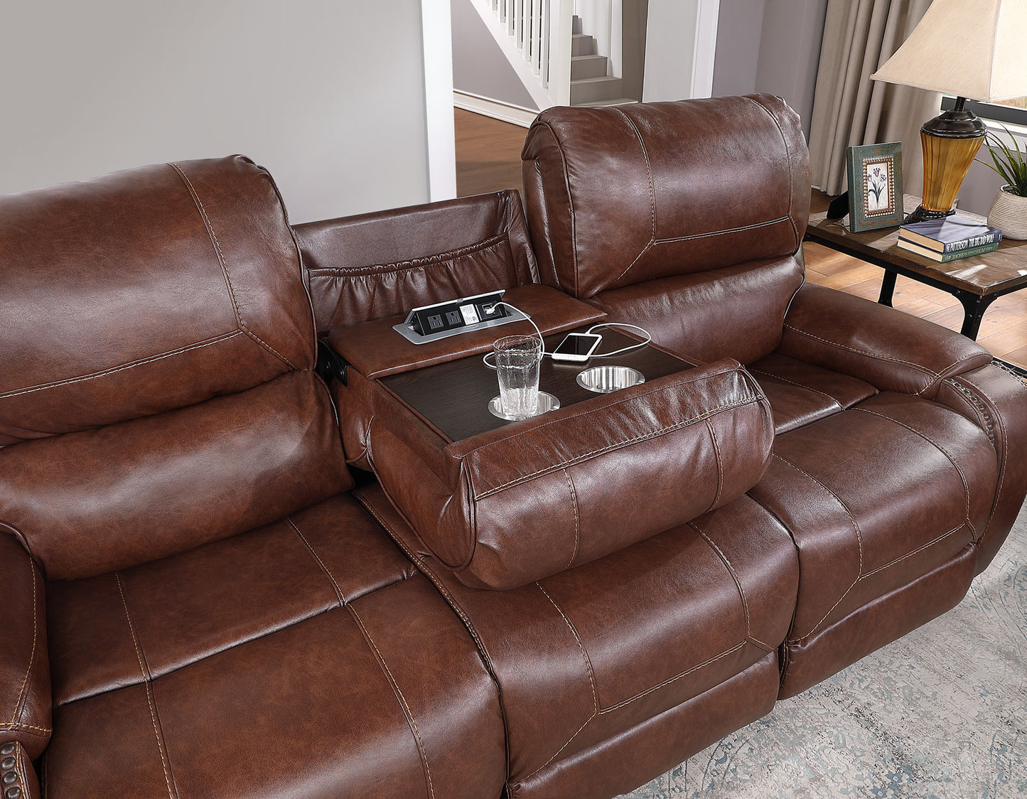 Keily Manual Reclining Sofa w/Dropdown Table, Brown
