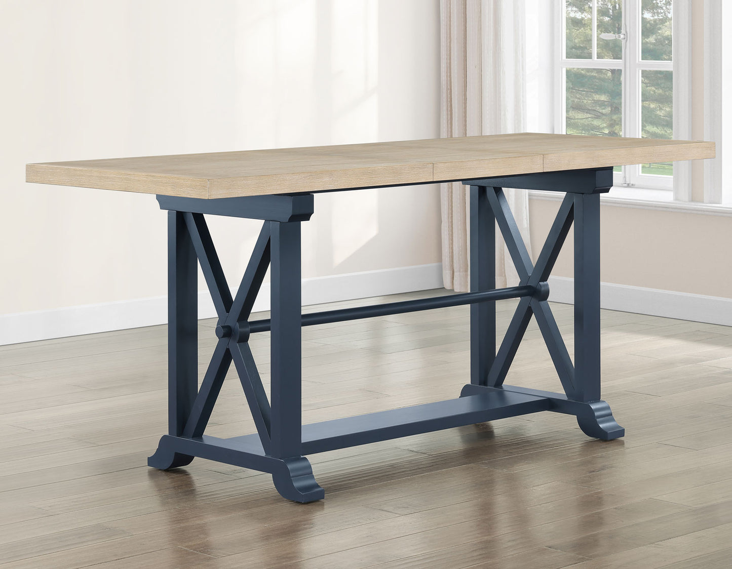 Darcy 64-82″Counter Table with 18-inch leaf, Midnight Blue and Natural Finish