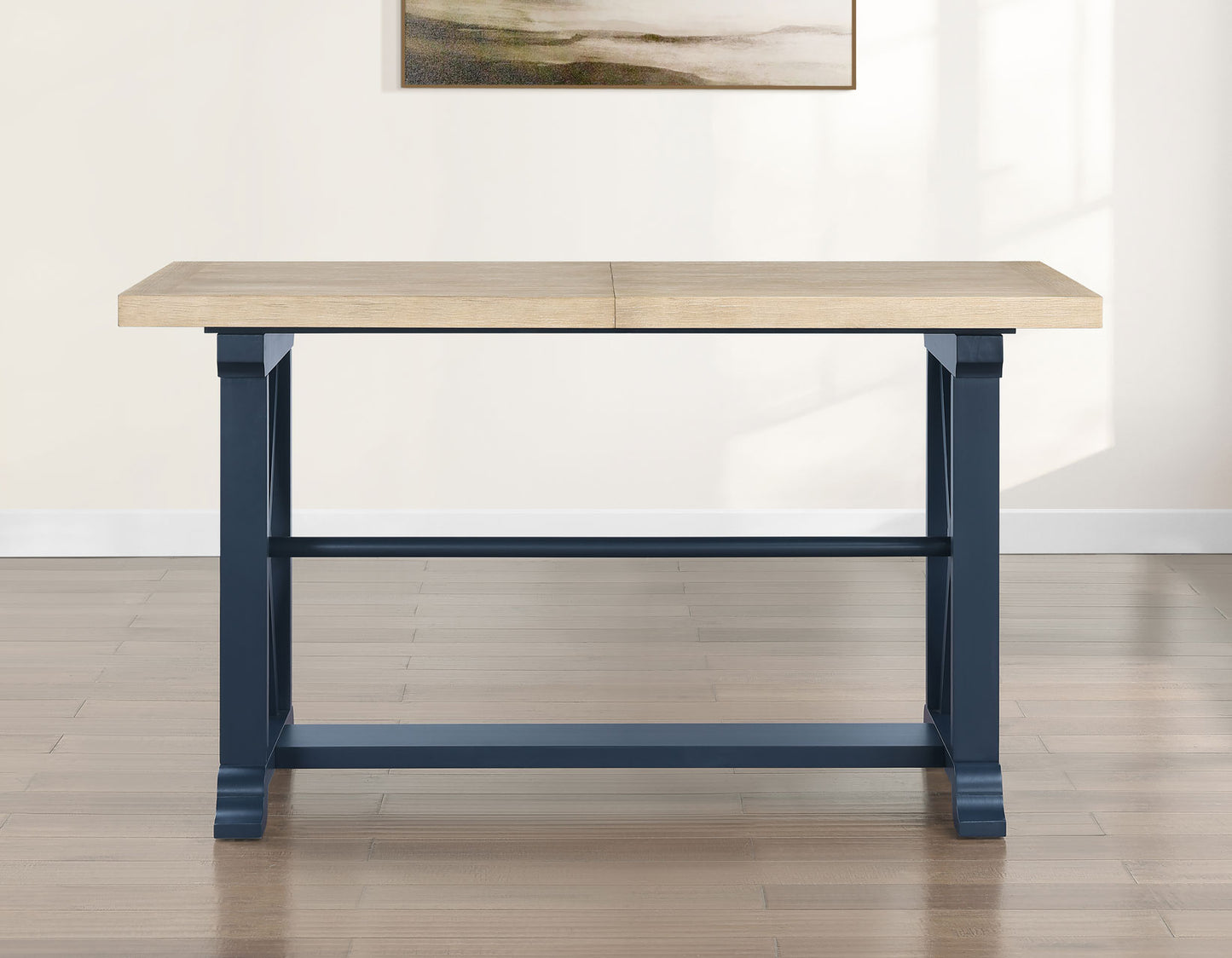 Darcy 64-82″Counter Table with 18-inch leaf, Midnight Blue and Natural Finish