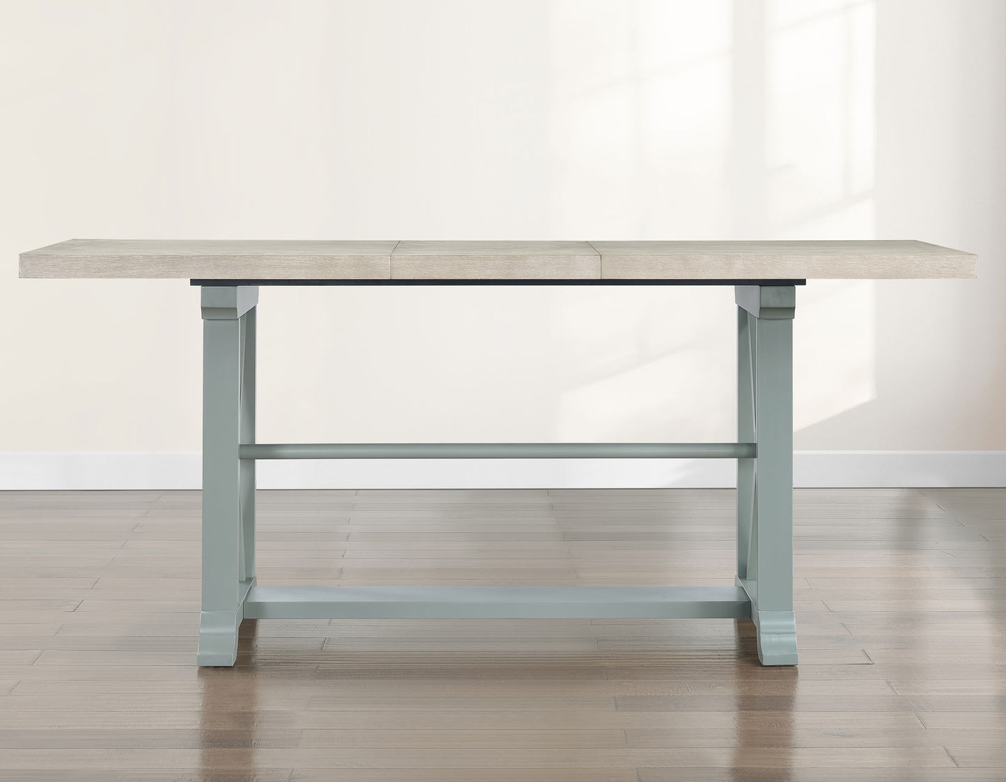 Darcy 64-82″Counter Table with 18-inch leaf, Mint Green and Natural Finish