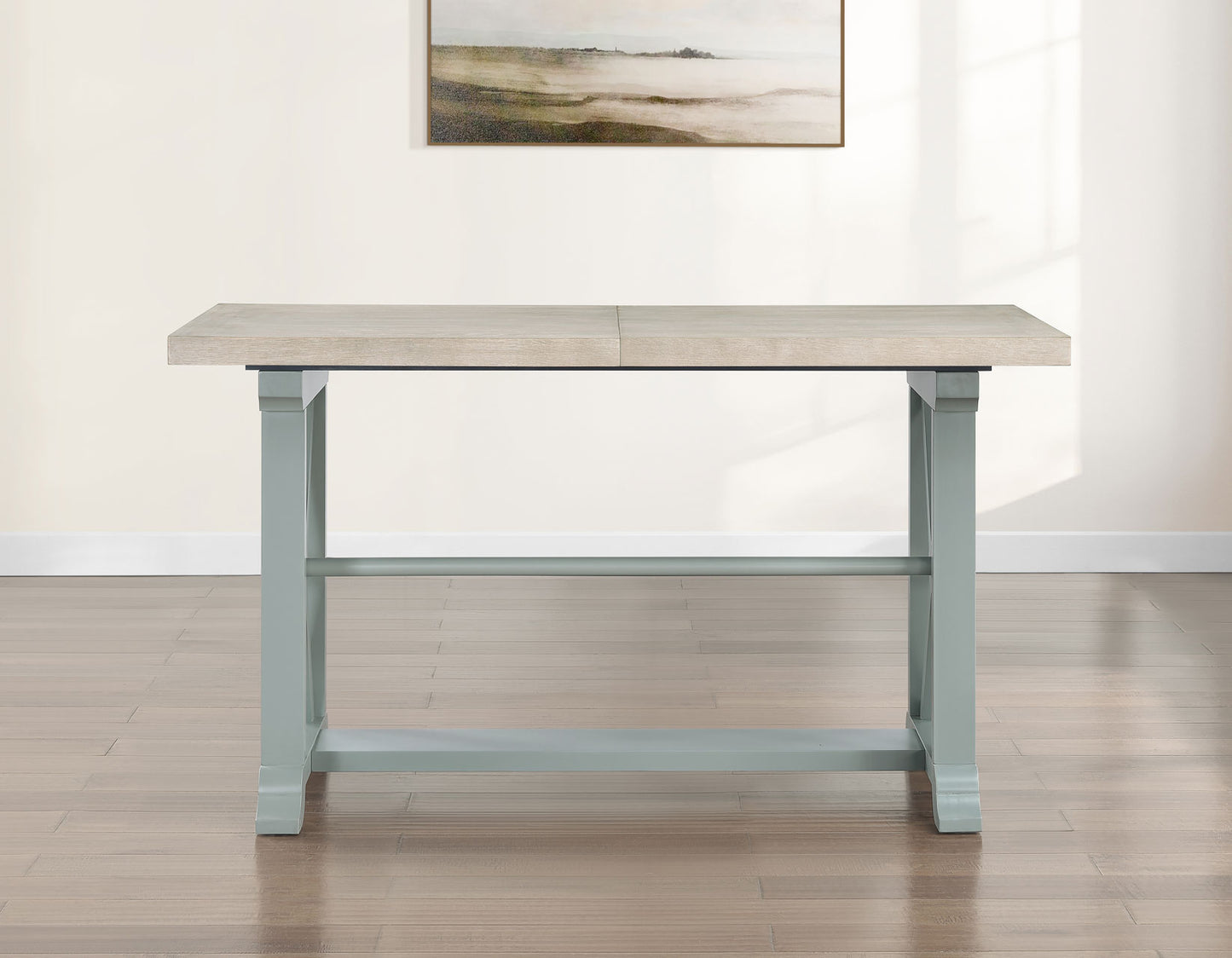 Darcy 64-82″Counter Table with 18-inch leaf, Mint Green and Natural Finish