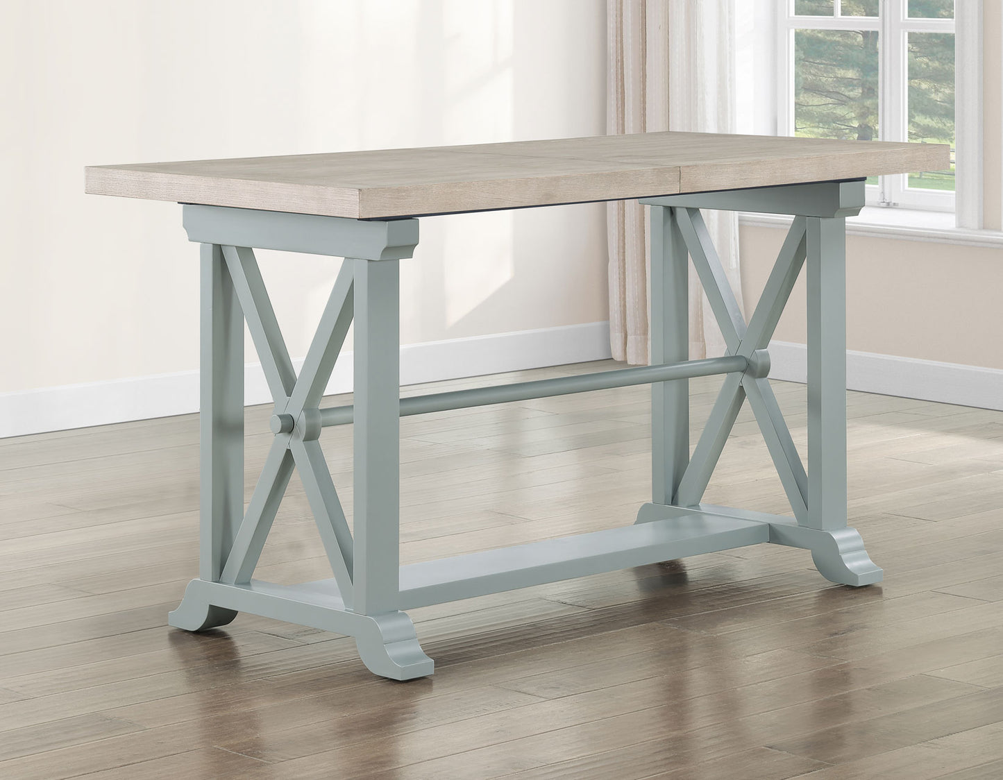 Darcy 64-82″Counter Table with 18-inch leaf, Mint Green and Natural Finish