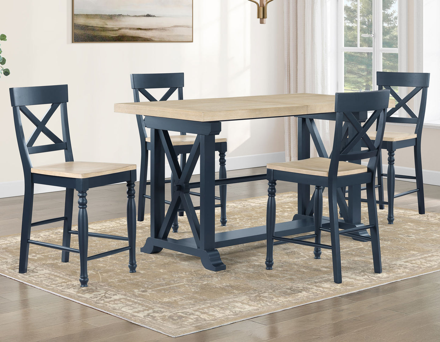 Darcy 5-Piece 64-82″Counter Set with 18-inch leaf, Midnight Blue and Natural Finish