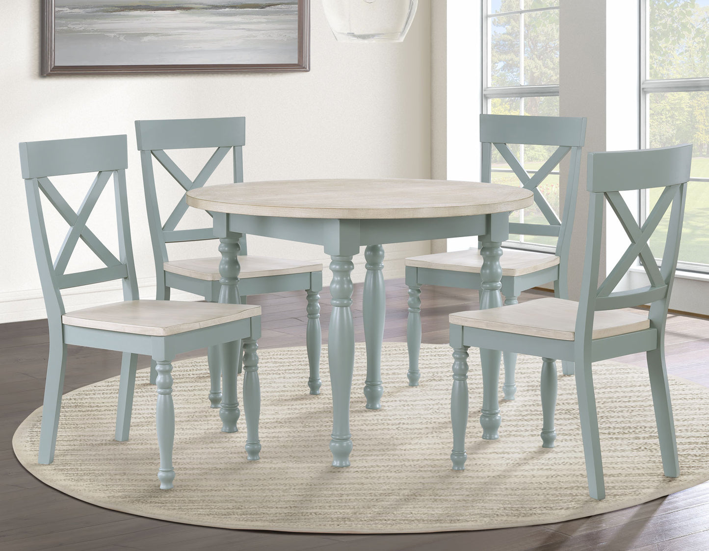 Darcy 42″ Round Dining Table, Mint Green and Parchment Finish