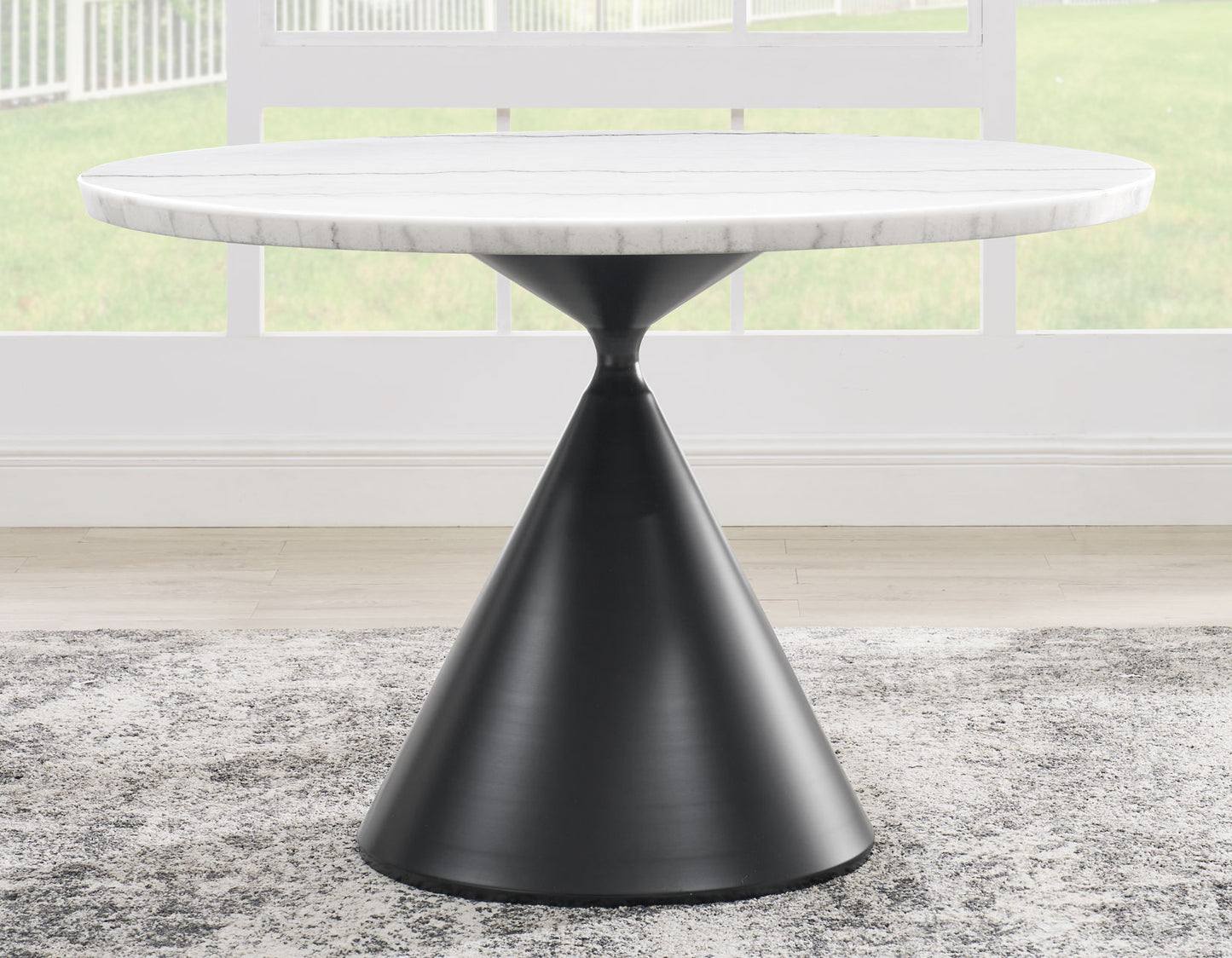 Conrad 48″White Marble Top Table with Black Conical Base