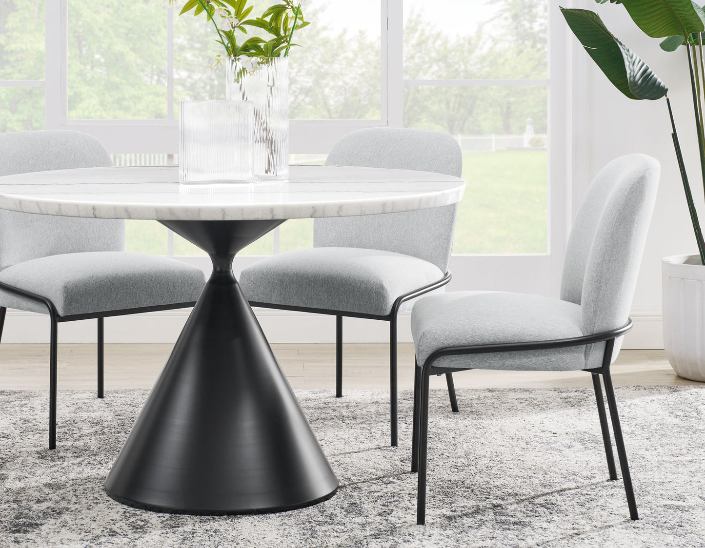Conrad 48″White Marble Top Table with Black Conical Base