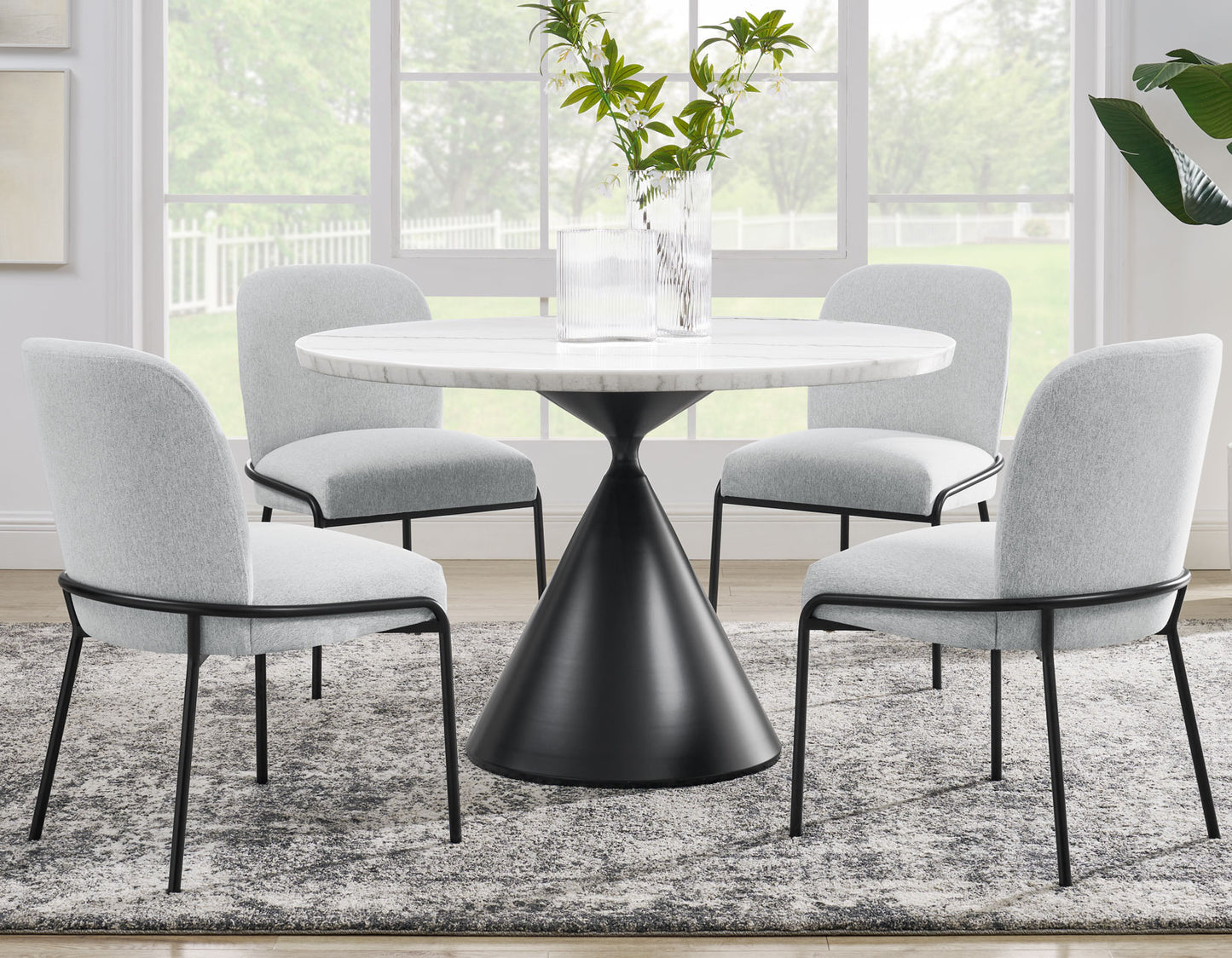Conrad 48″White Marble Top Table with Black Conical Base