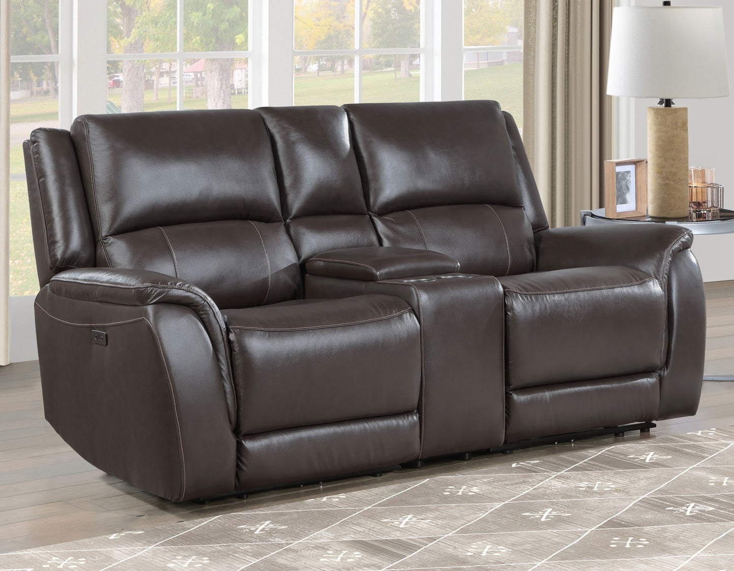 Alexandria Leather Power Reclining Console Loveseat, Chocolate