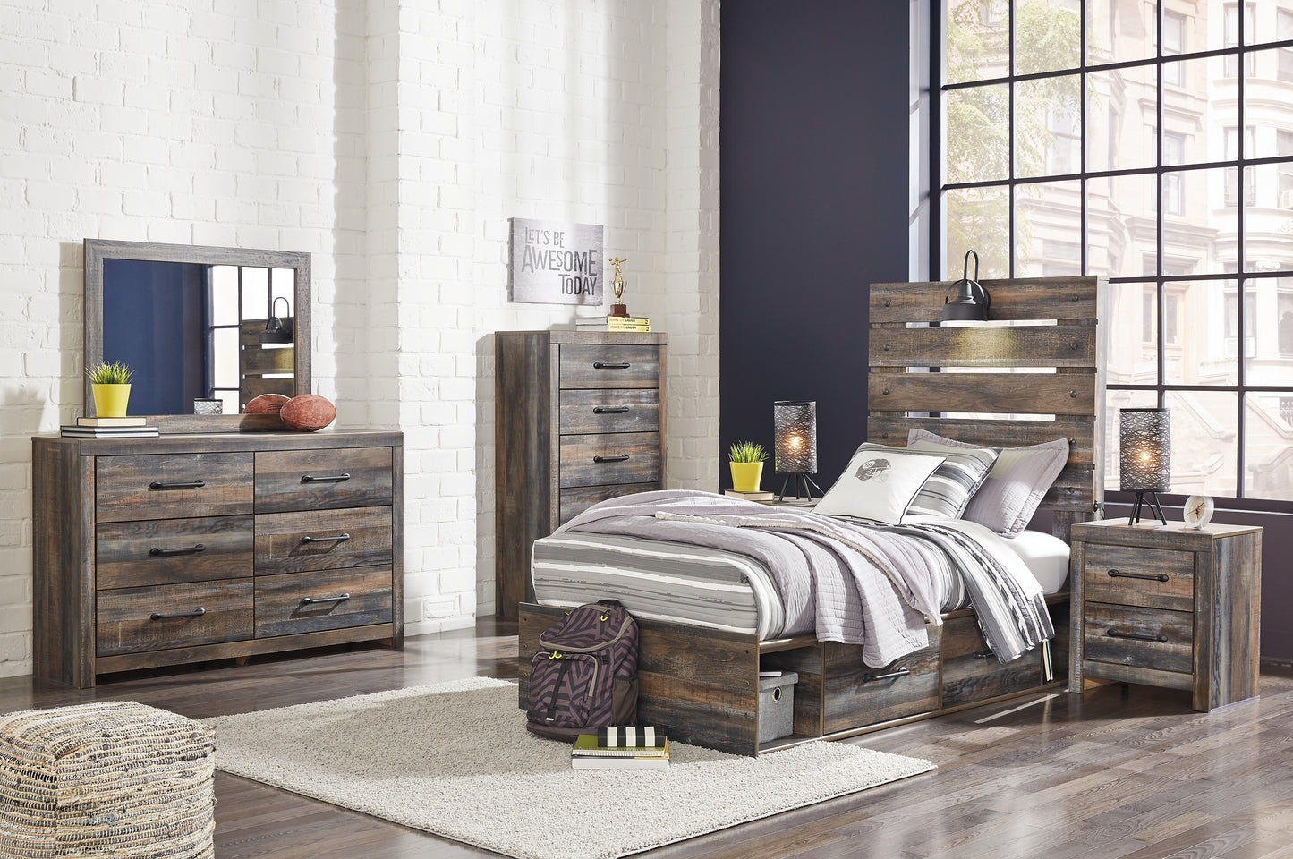 Drystan Twin Panel Headboard Bed with Mirrored Dresser, Chest and Nightstand