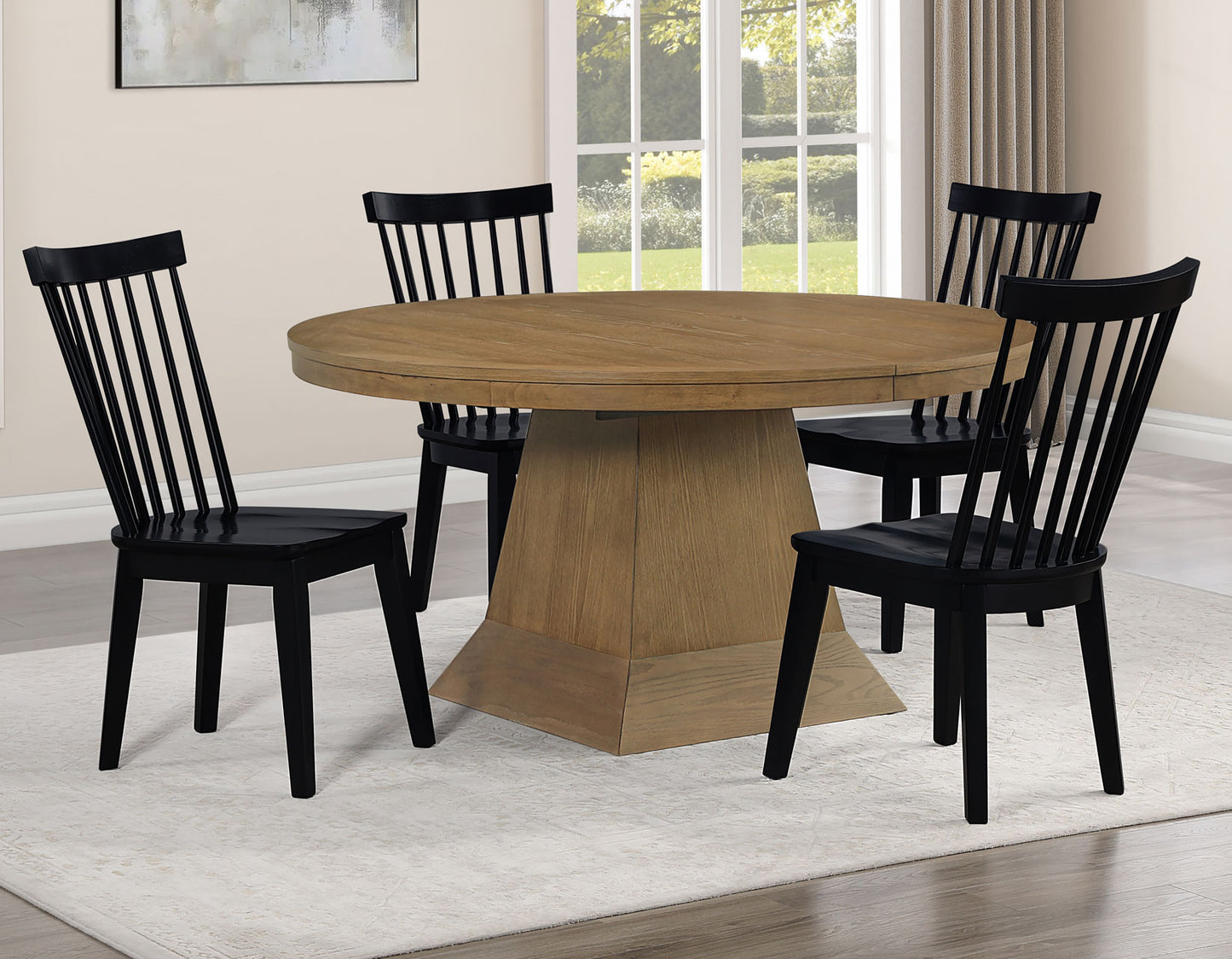 Vaughn 5-Piece 60-96″ w/2-18 Leaves Dining Set, Driftwood & Black Finish