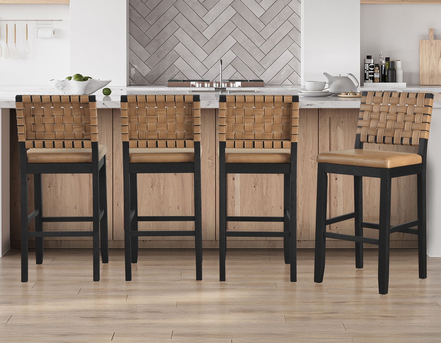 Reid Saddle Brown Vegan Leather 30″ Bar Stool, Black Finish