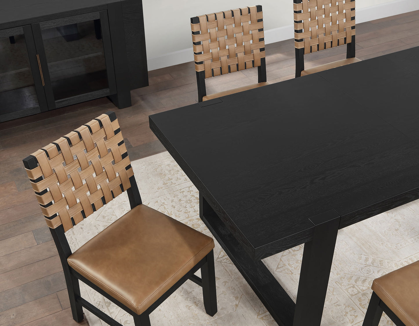 Reid 5-Piece Dining Set, Black Finish with Saddle Brown Vegan Leather