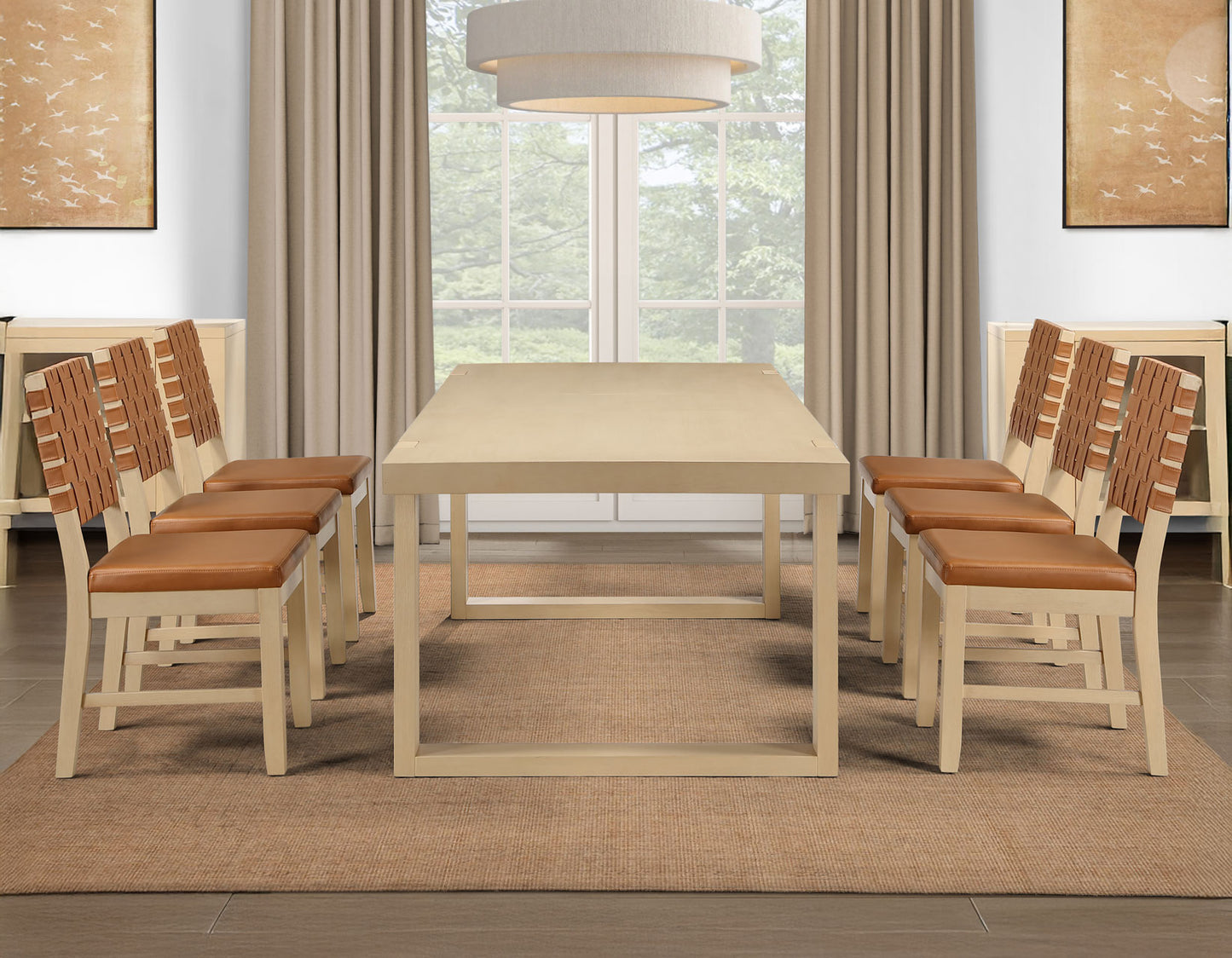 Reid 5-Piece 77-95″ Dining Set, Sand Finish with Camel Vegan Leather